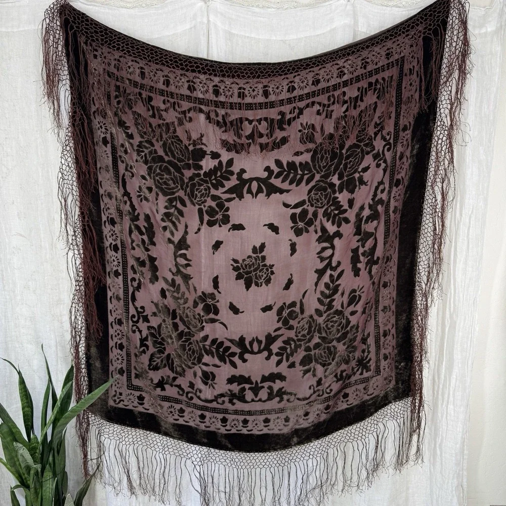 Chocolate Brown Piano Shawl Wrap Silk Velvet Burnout Fringe Whimsigoth Victorian